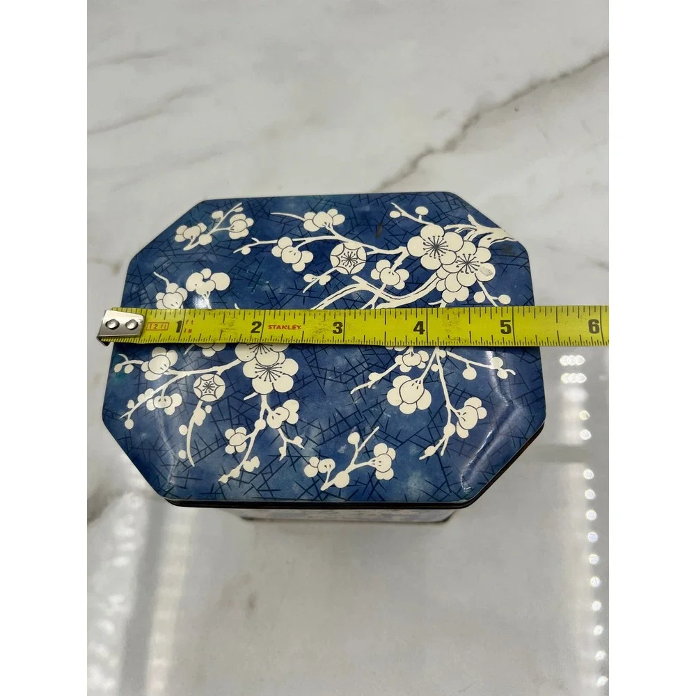 Vintage Daher Tin Container Blue Crackle White Floral Cherry Blossom England